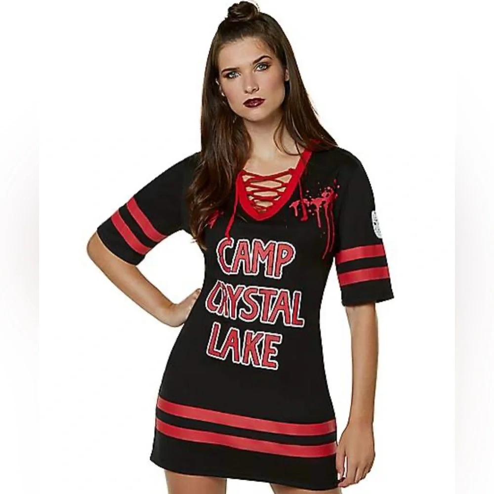 Friday the 13 Adult Jason Hockey V Neck Maxi Short Sleeve Dress Size L/Large - Picture 1 of 9